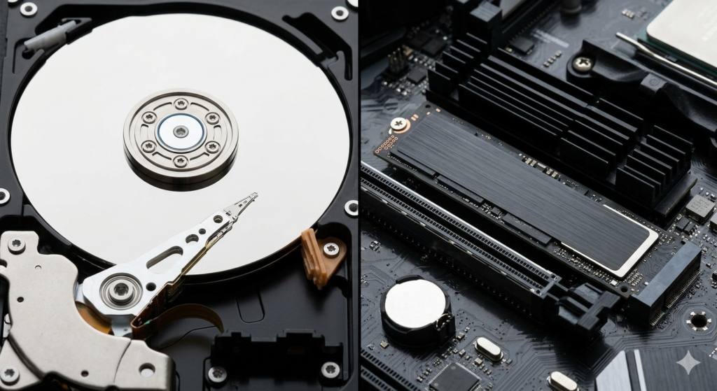 Hình ảnh so sánh sự khác biệt công nghệ giữa ổ cứng SSD M.2 NVMe và HDD cơ học