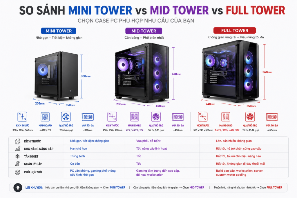 So sánh kích thước Mini Tower Mid Tower và Full Tower